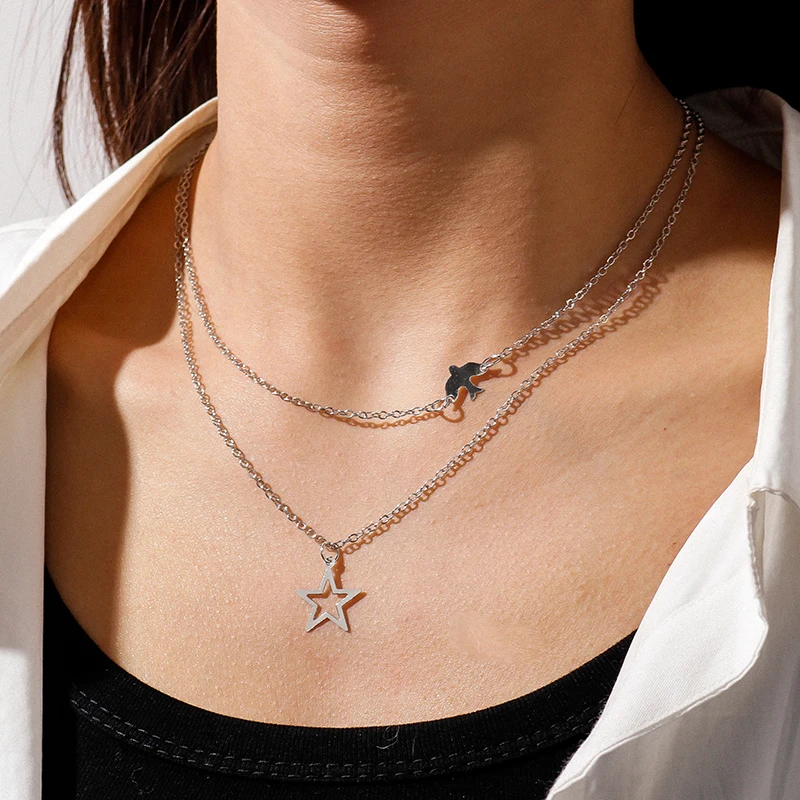 

Punk Pendant Peace Dove Star Necklace for Men Women Fashion Multilayer Bird Clavicle Choker Necklace Party Jewelry Accessories