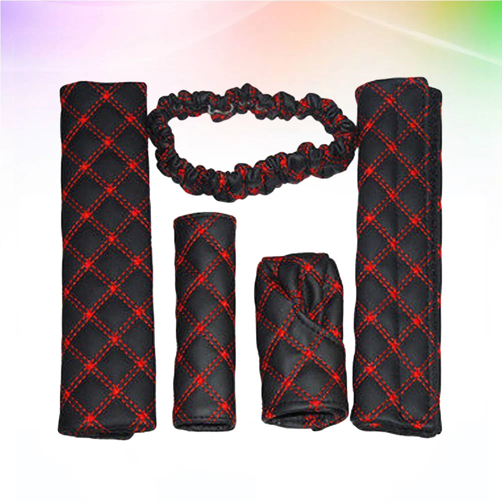 

5 in 1 Handbrake Cover Gear Cover Safety Belt Shoulder Pads and Rearview Mirror Cover Set (Red+Black)
