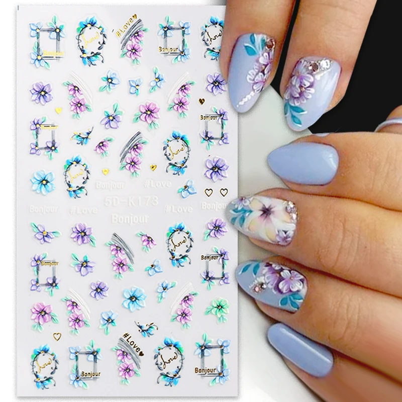 

5D Acrylic Engraved Flowers Nail Sticker Blue Purple Flowers Line Maple Sliders For Nails Bouquet Graffiti Design Manicure Wraps
