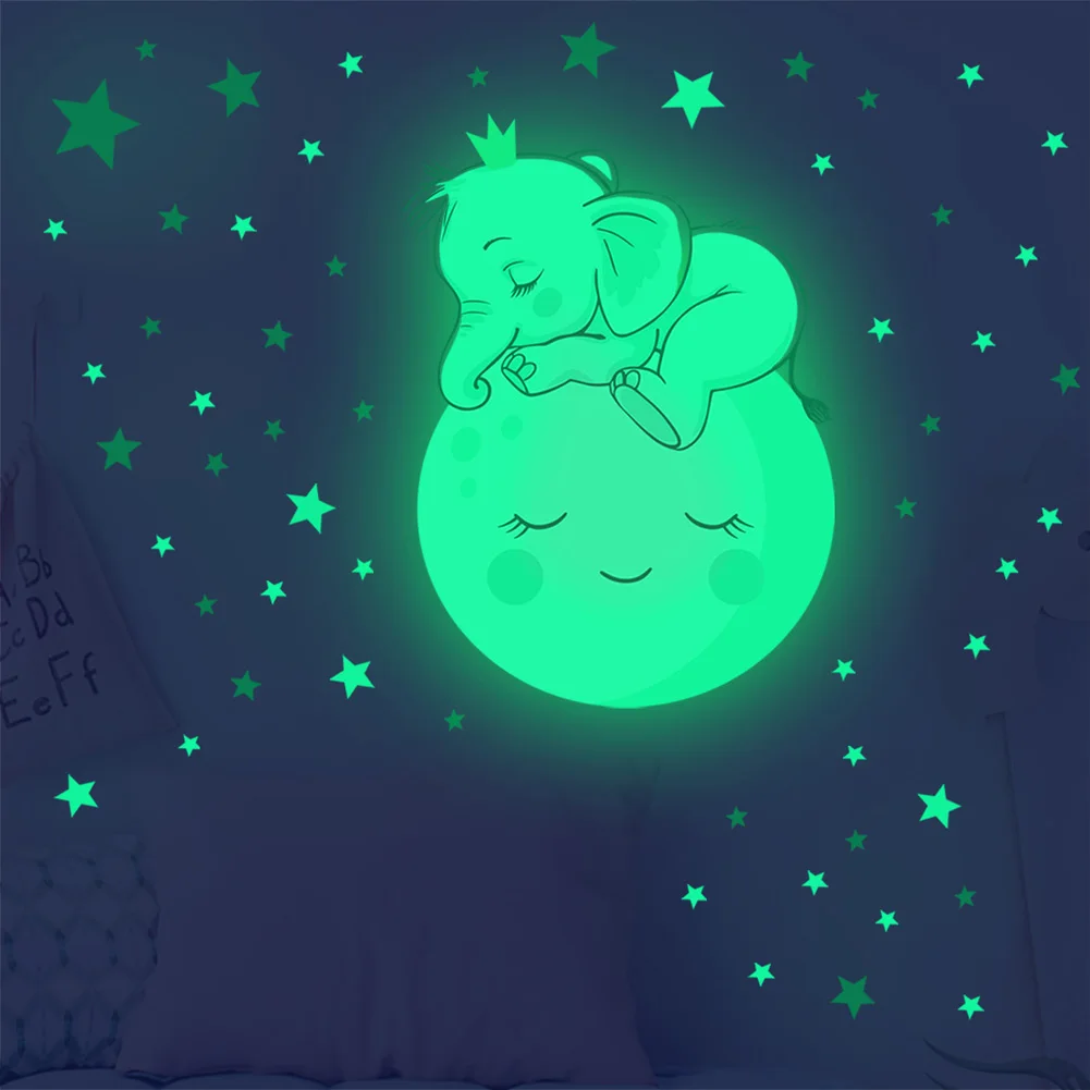 Moon Baby Elephant Sleeping Luminous Wall Sticker Kids Room Украшения для спальни Наклейки Светящиеся в