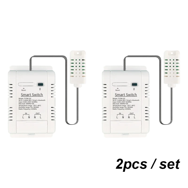 

Умный модуль переключателя датчика температуры и влажности Tuya Wi-Fi, 3000 Вт, 16 А, беспроводной мониторинг с мониторингом потребления энергии, 2 шт.