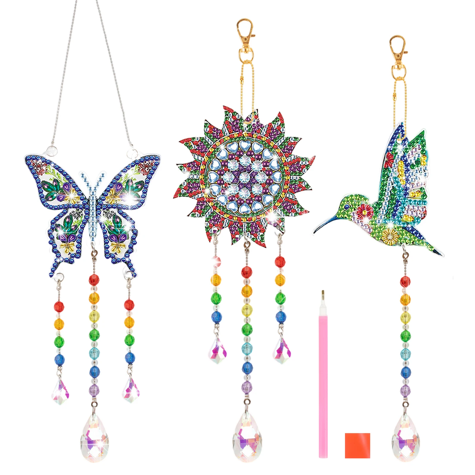 

3Pcs Diamond Picture Wind Chimes Sun Hummingbird Butterfly Diamond Painting Art Pendant DIY Delicate Diamond Painting Hanging