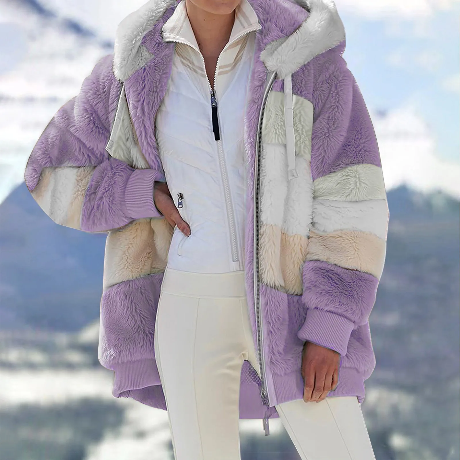 

Winter Women's Coat Fashion Casual Hooded Zipper Stitching Plaid Ladies Clothes Ladies Solid Color Long Sleeve Plush Jacket