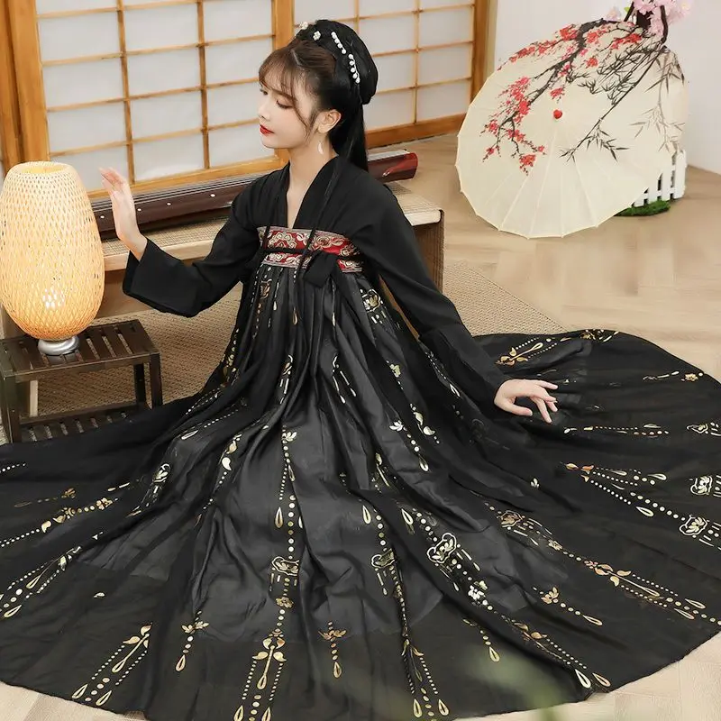 

Китайские традиционные женские платья XinHuaEase ханьфу черного цвета, женская одежда для косплея, костюм в старинном стиле династии Тан