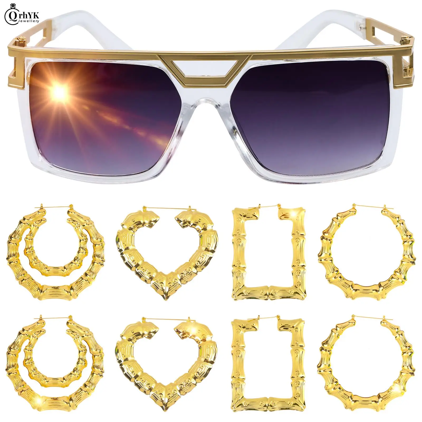 

1set 80s/90s Women Hip Hop Costume Kit Rapper Sunglass Bamboo Earings For Girls Personality Accessories