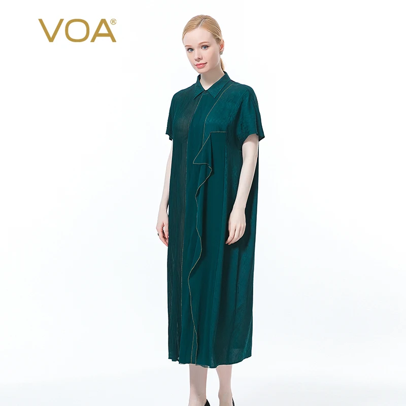 

VOA 100% шелк жаккард Павлин зеленый поло шеи с коротким рукавом асимметричное летнее женское платье 2021 Свадебный Подарок на годовщину AE890