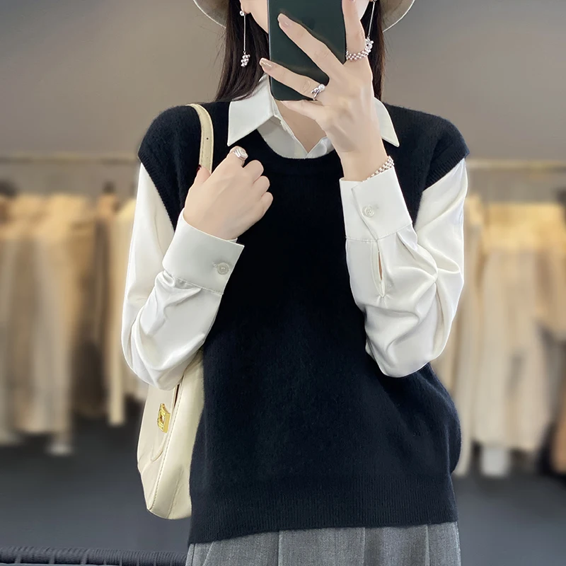 

2023 Knitted Vest Women's Round Neck Loose Korean Style Short Outer Wear Sleeveless Vest Woolen Sweater Autumn And Winter New