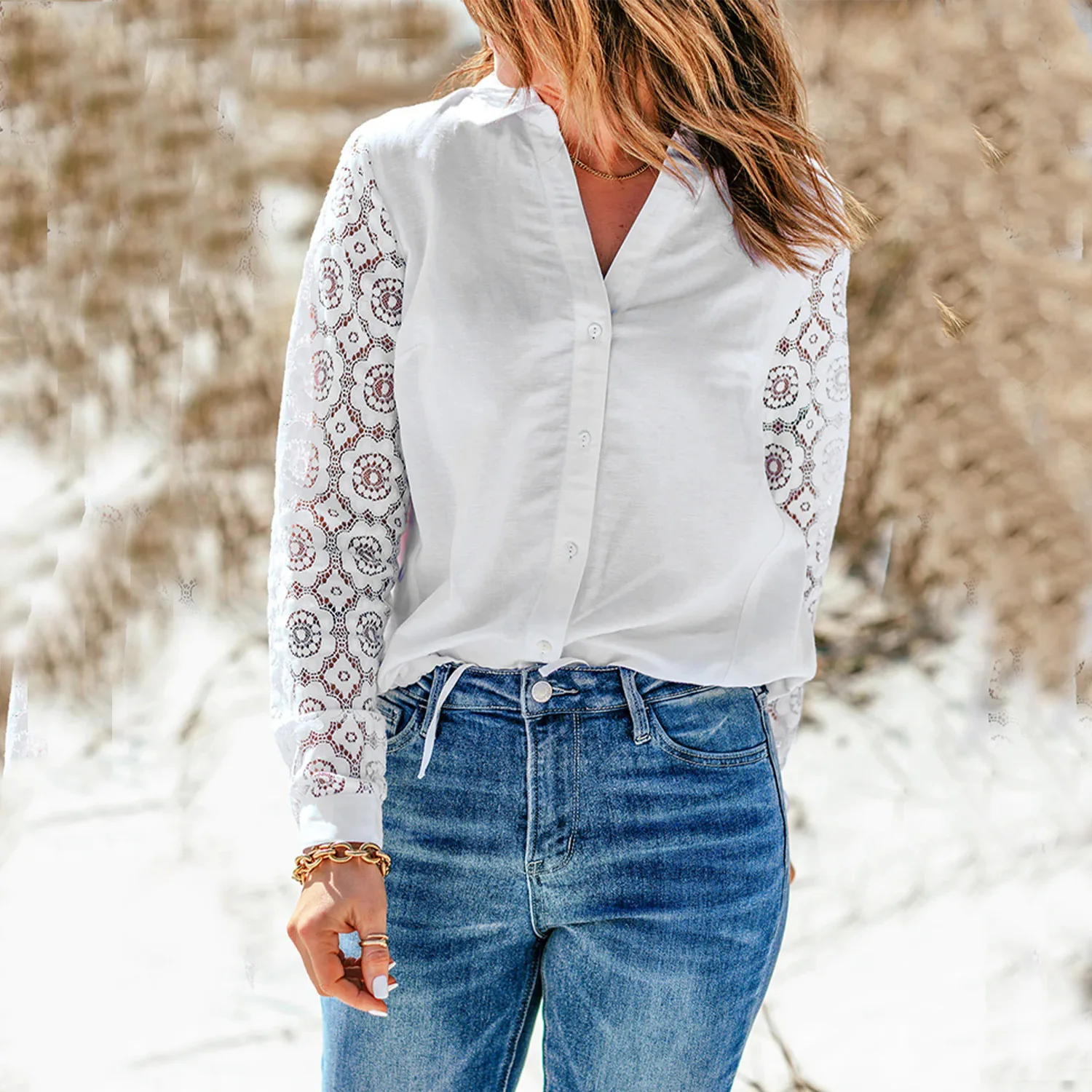 

Women's Blouse 2022 Fall New Women's Lace Shirts Long Sleeves Colorblocking Casual Shirts Women's Cardigan Chiffon Shirts