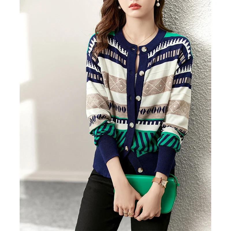 

Vimly Knitted Cardigan for Women 2022 Autumn Winter Stripe Kawaii Elegant Knit Sweater Fashion Clothing Long Sleeve Tops 71053