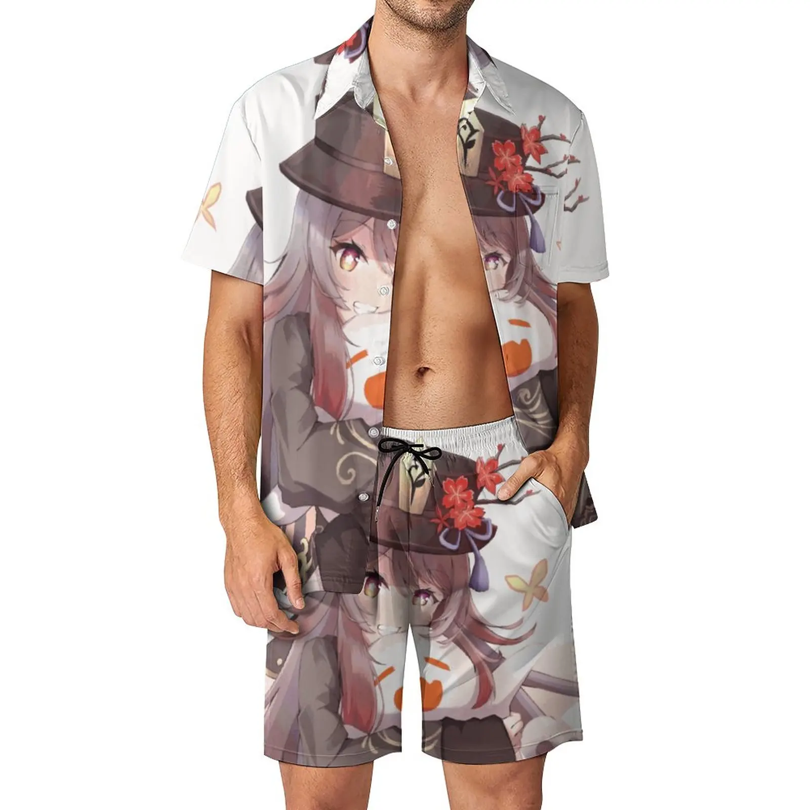 

Пляжные мужские комплекты Genshin Impact Hu Tao, повседневный комплект рубашек с шортами, трендовый костюм из двух предметов с надписью Namecard Papilio Charontis Hutao