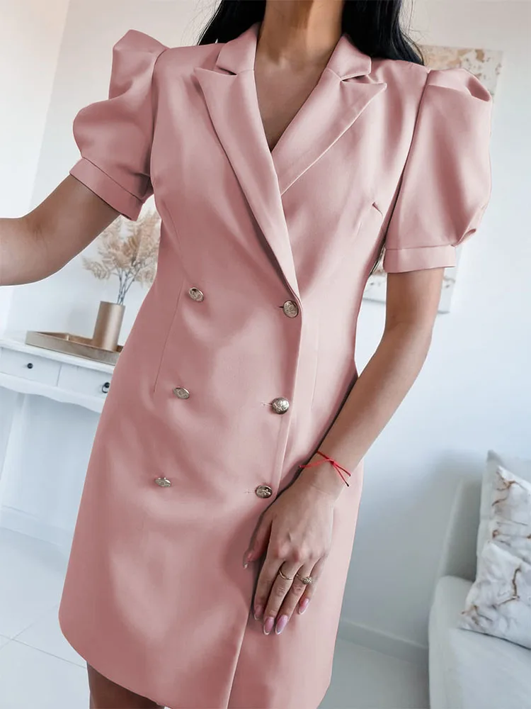 

Women Elegant Lapel Button Shift Dress Office Summer Commuter Dress Summer Fashion Solid Color Puff Sleeve Knee Length Dress