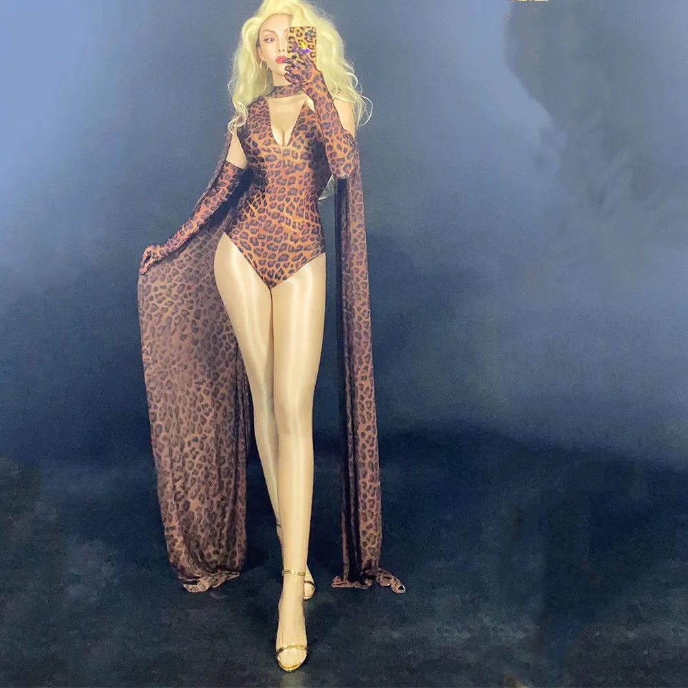 

Leopard Dance Stage Wear Bodysuits Women Party Vegas Showgirl Costume Cosplay Singer Festival Outfit Print