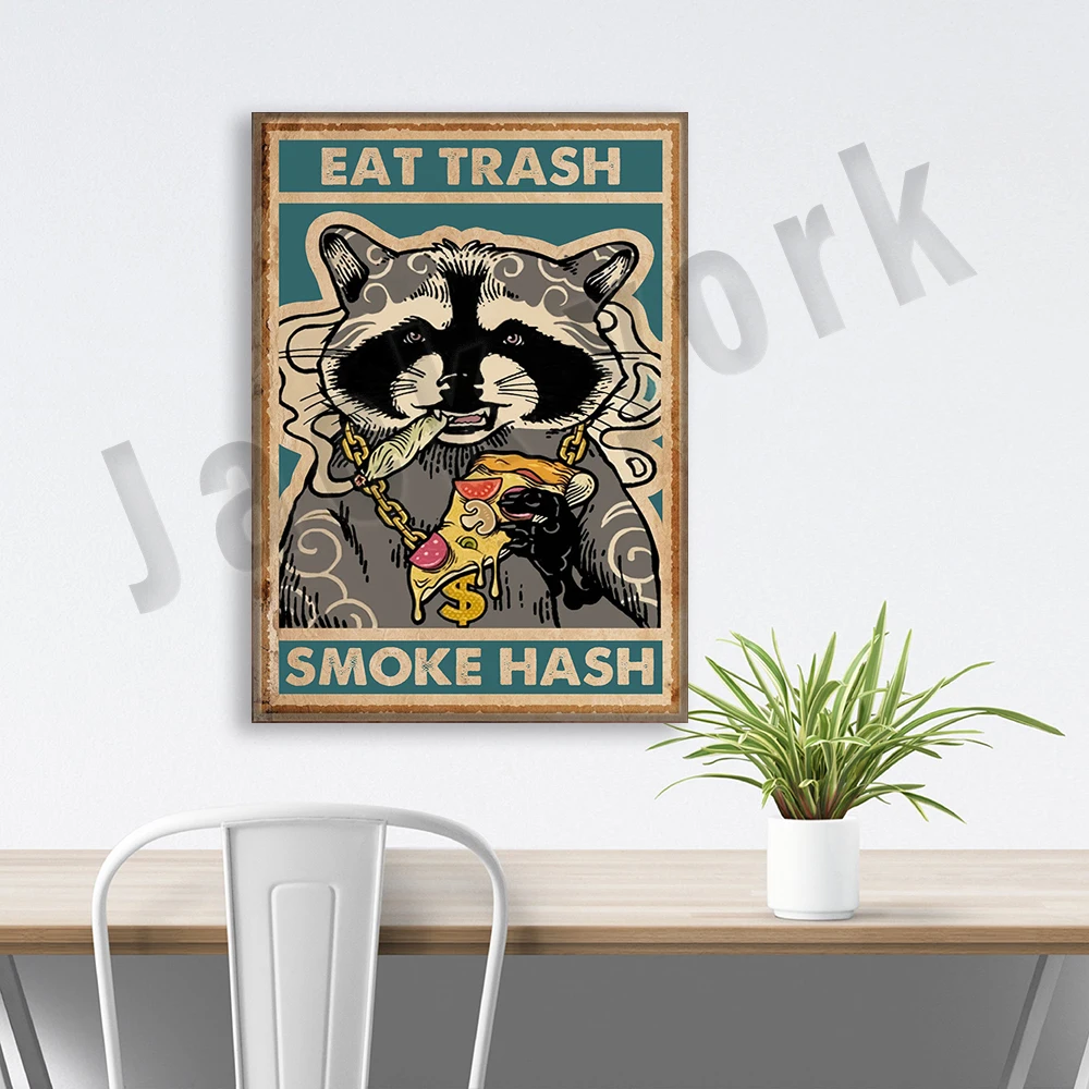 

Raccoons eat trash smoke hash vintage poster wall art print home decor canvas unique gift