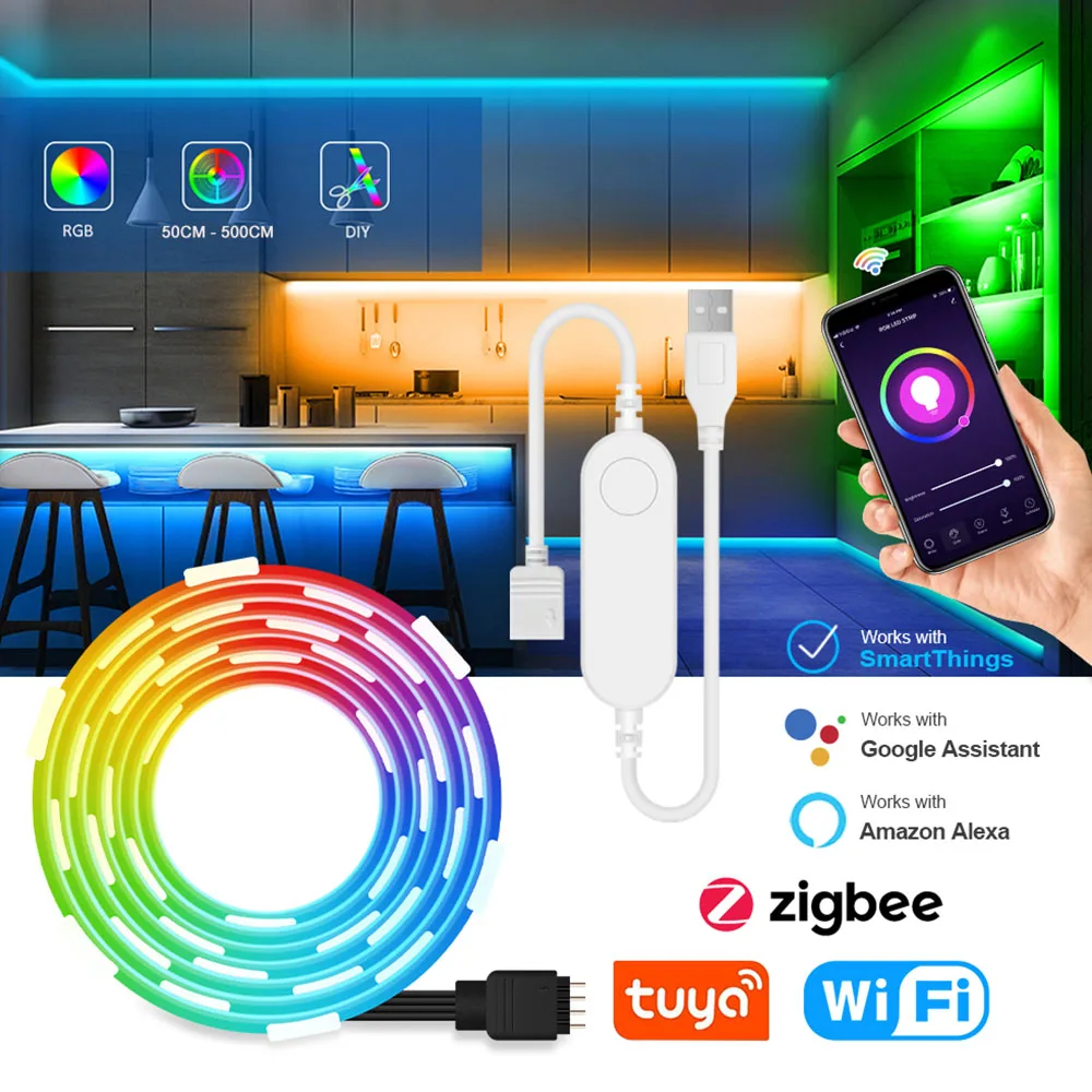 

Умная Светодиодная лента RGB 5050 Tuya WiFi Zigbee для управления телефоном, USB-лента для подсветки телевизора, комнаты, домашвечерние