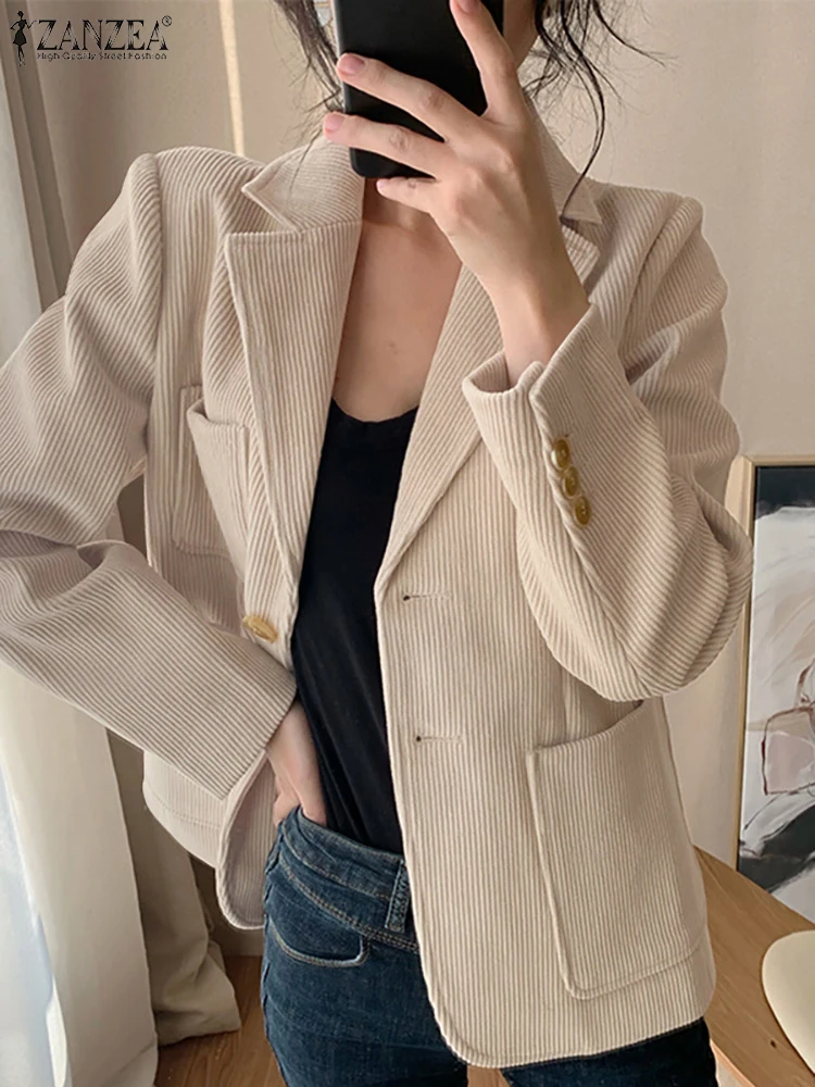 

ZANZEA Korean Fashion OL Women Blazer Corduroy Casual Suit Jackets Office Autumn Notched Collar Long Sleeve Elegant Blazer Coats
