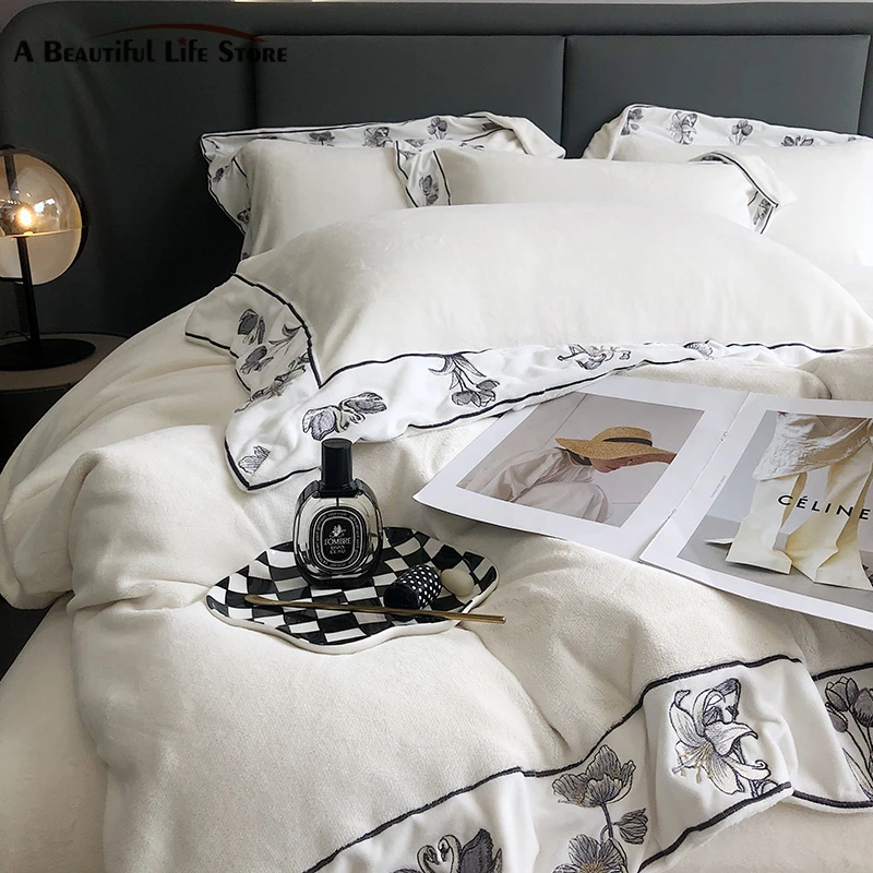 

White Winter Super Soft Velvet Fleece Bedding Set Flowers Embroidery Duvet Cover Set Bed Sheet Bedspread Blanket Pillowcases