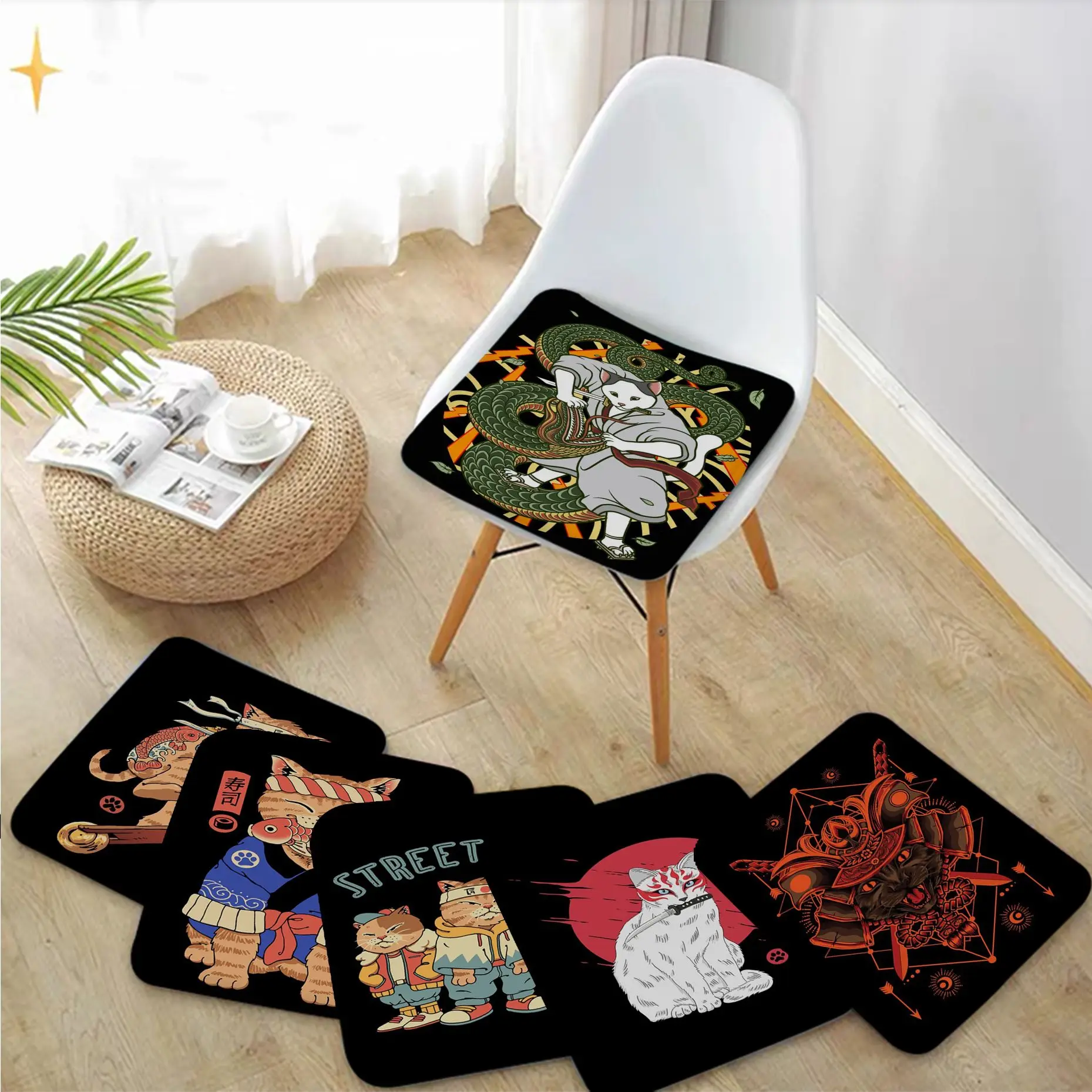 

Japanese Samurai Cat Art Stool Pad Patio Home Kitchen Office Chair Seat Cushion Pads Sofa Seat 40x40cm Cushions Home Decor