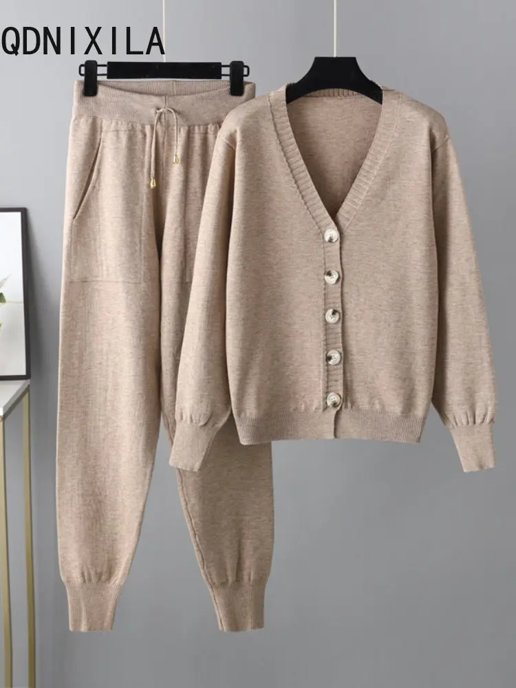 

Cardigan Sweater Women Suits Autumn Winter V-neck Long Sleeve Top 2 Piece Sets Womens Outfits High Waist Lace Harun Pants Suit