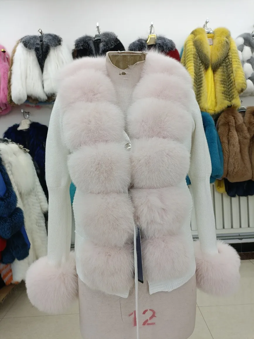 Autumn Winter Women Knitted Sweater Cardigan With Real Fox Fur Collar Trim Lady Fashion Knitwears Real Fox Fur Coat