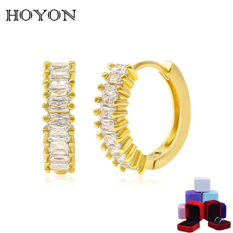 

HOYON 18k yellow gold color fashion earrings round with diamonds square zircon earrings for women high-end young lady office