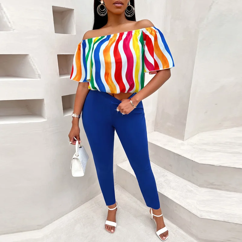 

2023 Slim Suits Women Striped Colored Blouse Off Shoulder Shirts with Skinny Pants Sets Summer Short Sleeve Club Party Outfits