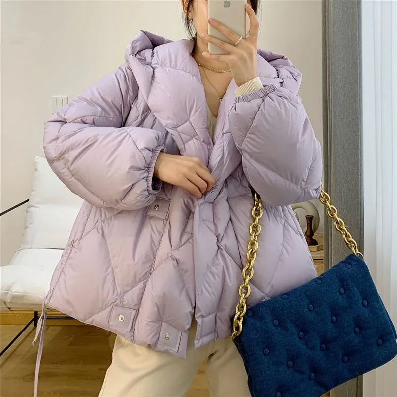 Winter Hooded Puffer Coat Women 90% White Duck Down Coat  Short Jacket Light Warm Parkas Female Casual  Loose Outwear