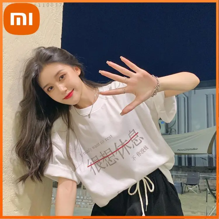 

Xiaomi 4 Sizes M-2xl Chinese Letter Print Women Clothes Short Sleeve Tee Shirt T-shirt For Girls Women Tops T-shirts