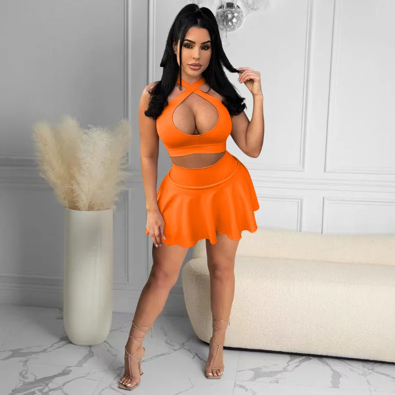 

Женский облегающий костюм KEXU, сексуальный блестящий клубный Костюм-двойка без рукавов и с лямкой на шее, укороченный топ с вырезами, комплект из двух предметов, женская одежда