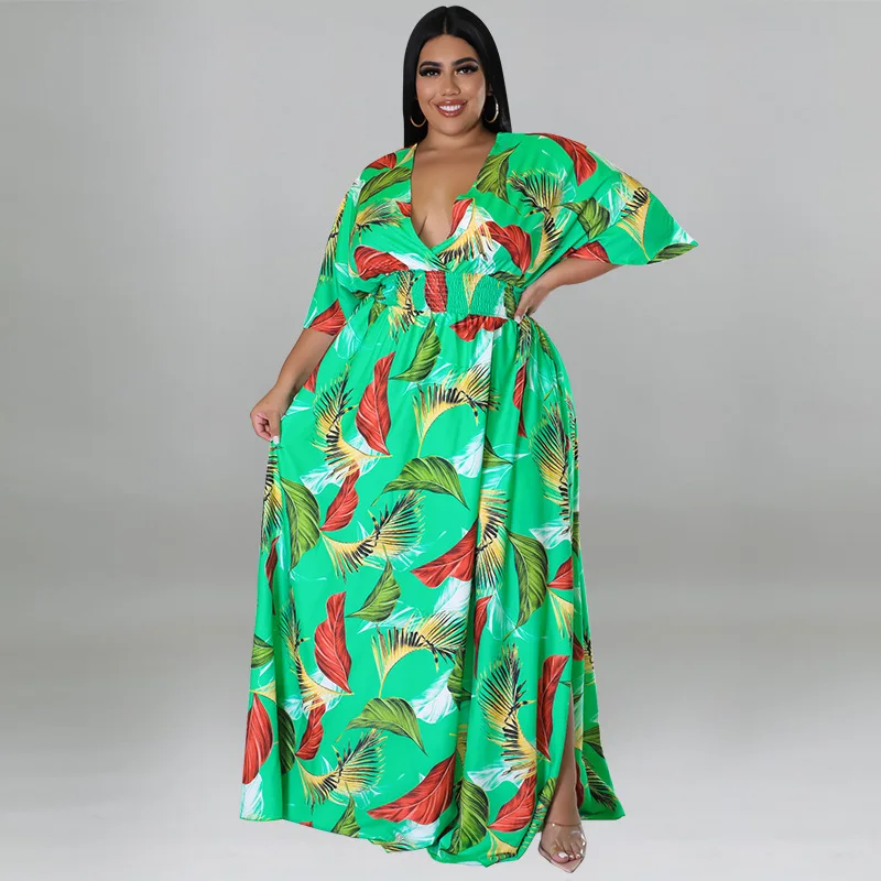 Plus Size Women's Clothing 2022 Summer New Fashion Sexy Deep V Neck Printed Multicolor Ladies Dress XL-5XL Oversized