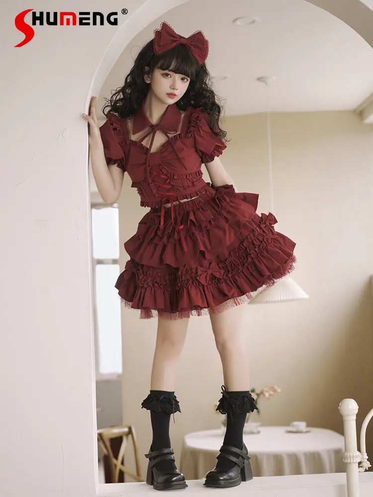 

Женский оригинальный костюм Лолита, бордовый короткий топ с оборками и короткими рукавами-бабочками и Милая Короткая юбка, комплект из двух предметов