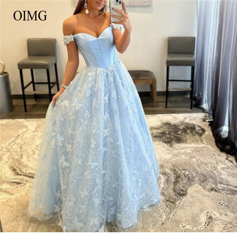 

OIMG Light Blue A Line Long Prom Dresses Off the Shoulder Sweetheart 3D Flowers Floor Length Evening Gowns Women Occaison Dress