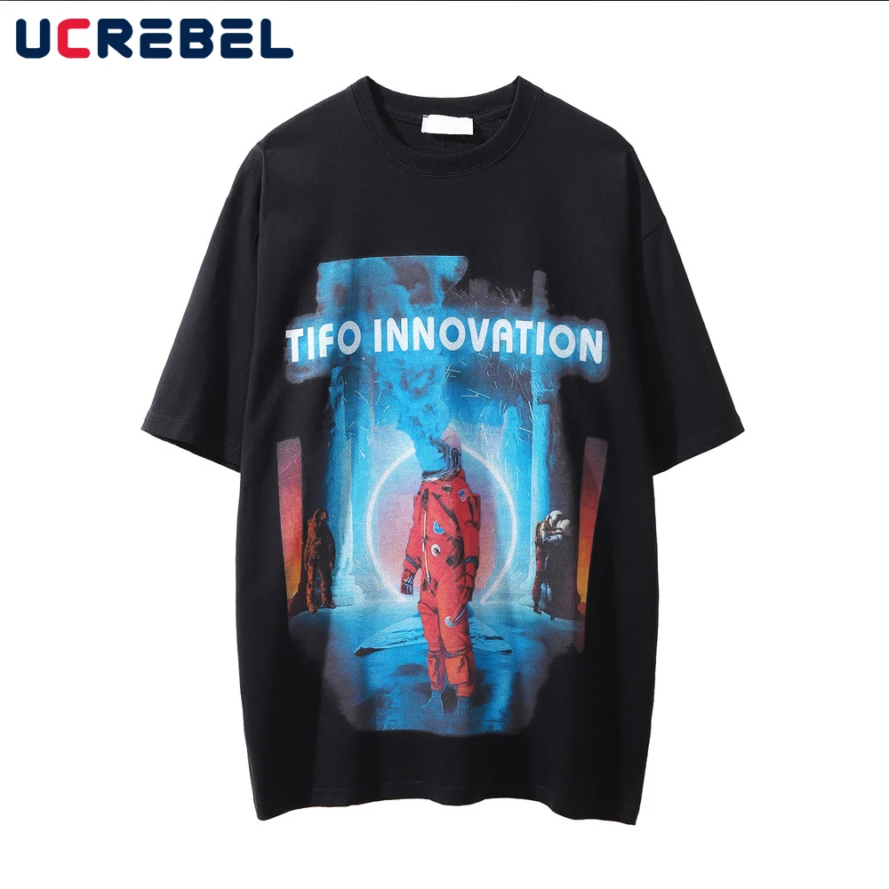 

Sci-fi Print Short Sleeve T-shirt Mens Streetwear Crew Neck Half-Sleeve High Street Summer Loose Casual Cotton Tee Men