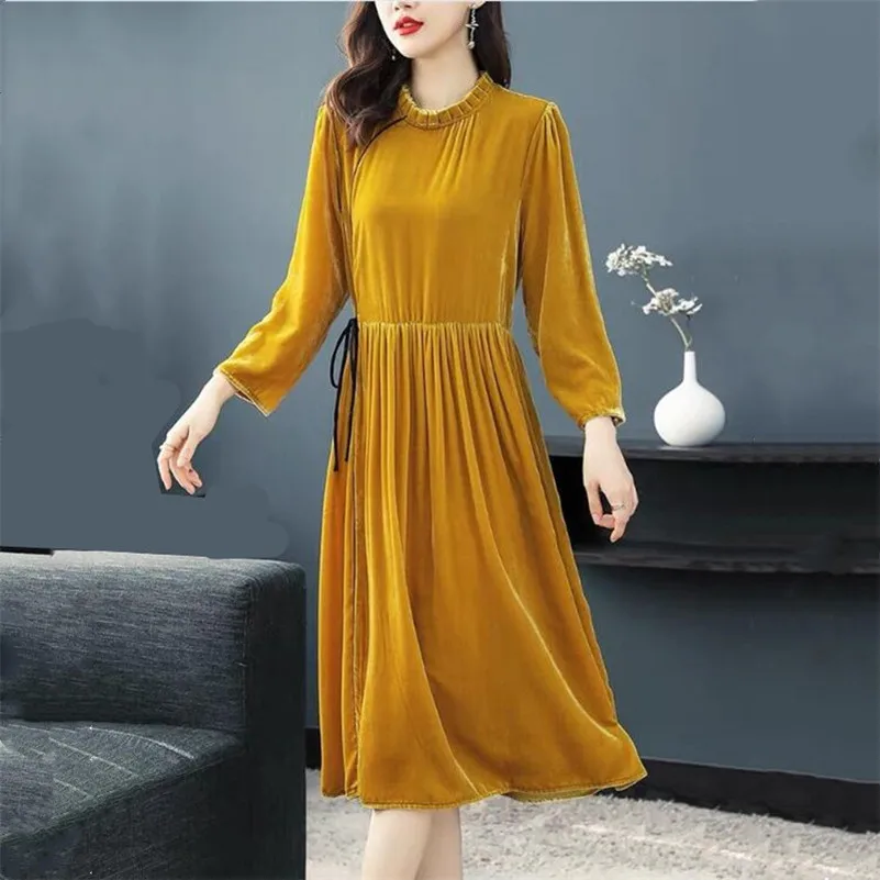 

Autumn Women Long Dress Pure Color Velvet Ruffled Collar Midi Dress 2023 Patchwork High Waist Tie Loose Casual Dress Vestidos