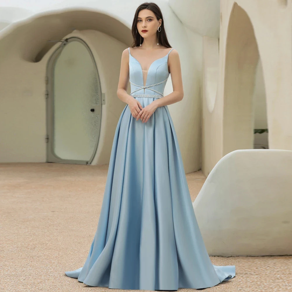 

Women's Sleeveless A Series Evening Dresses Formal Party Satin Sexy Deep V-Neck Double Shoulder Sleeveless Prom Gowns Simple
