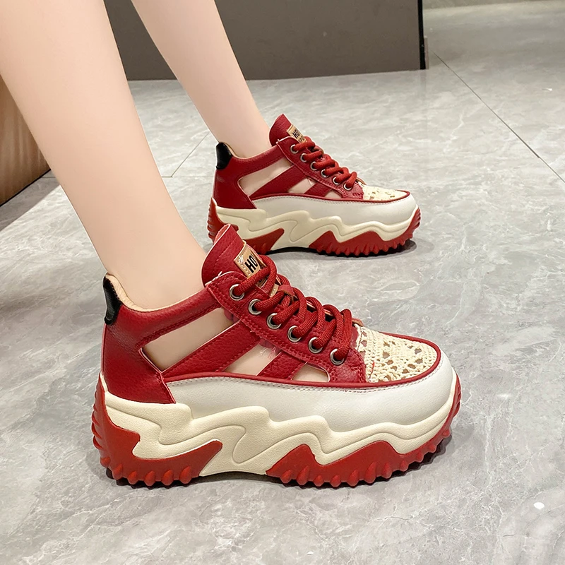Women's Trend Hollow Sneakers Fashion Lace Up Platform Comfort Leather Casual Running Shoes Versatile Breathable Vulcanized Shoe