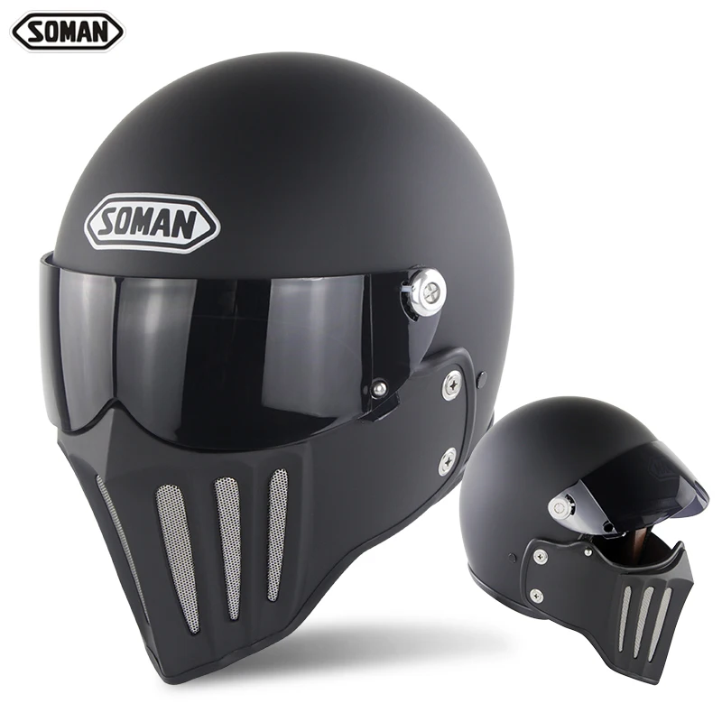 

SOMAN Vintage Motorcycle Helmet Full Face Black Cafe Racer Helmets Knight Chopper Casco Moto Fiberglass Bobber Capacetes