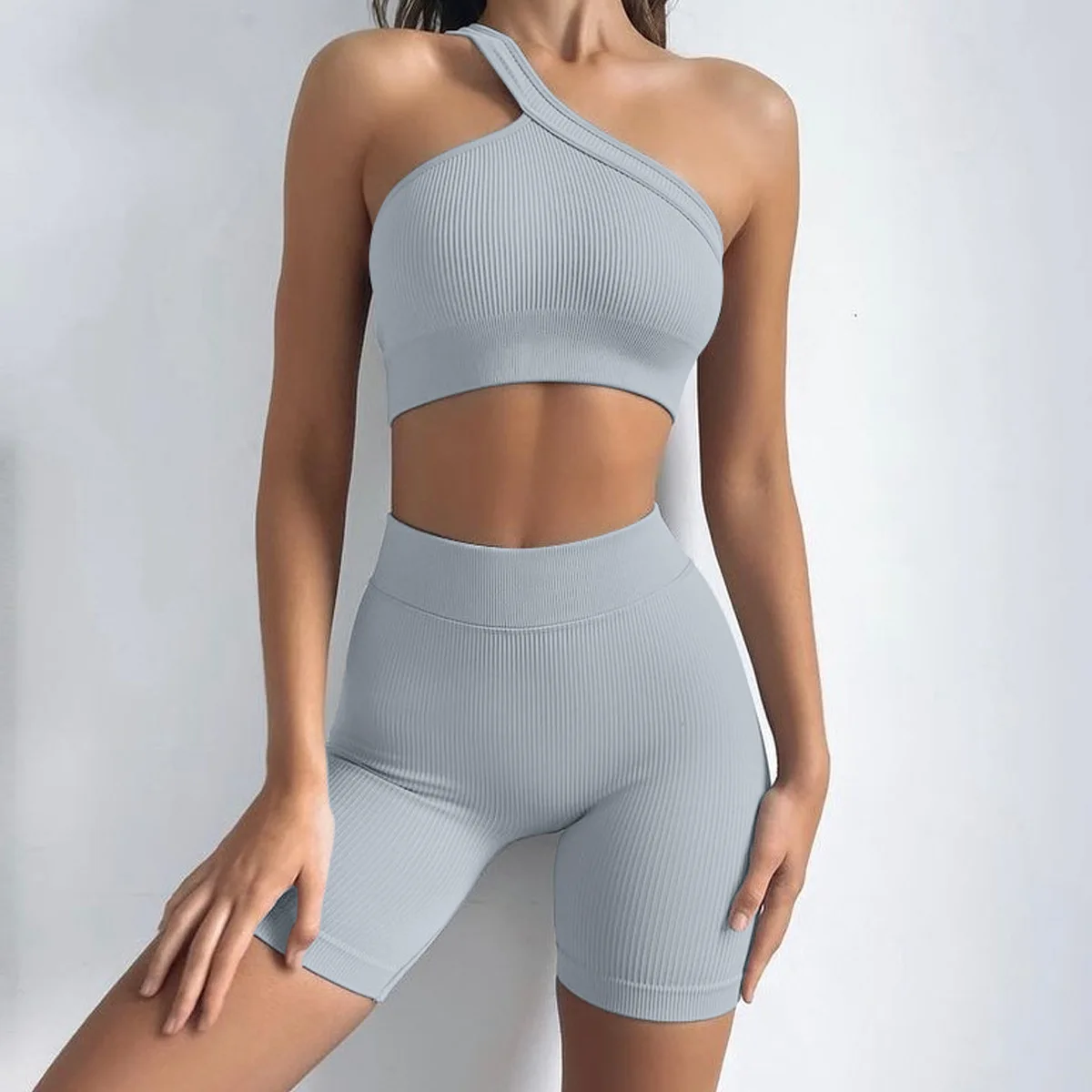 Seamless Yoga Sets Sports Fitness High Waist Hip-lifting Pants One-Shoulder Bra Suits Workout Clothes Gym Leggings Set for Women