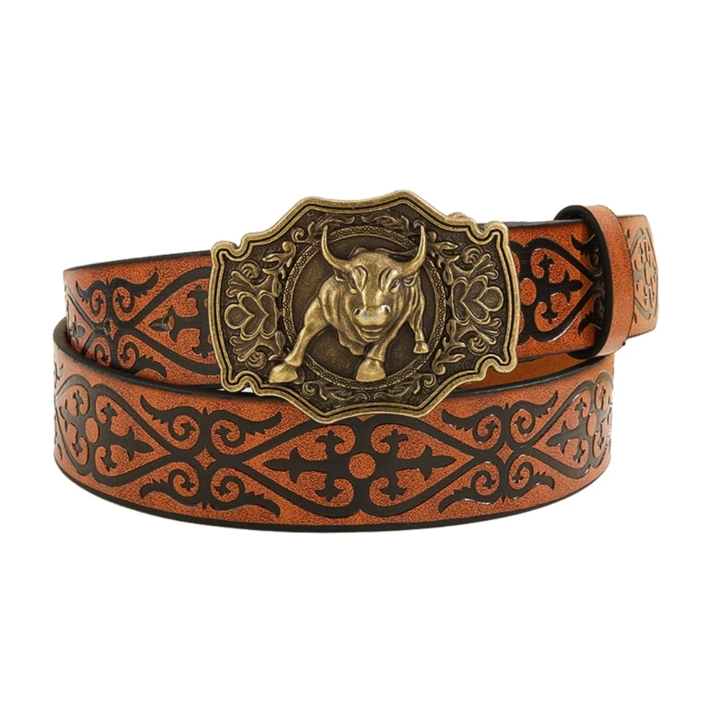 

Universal Man Woman PU Belt Adjustable Carved Bull Buckle Waist Strap Punk Belt