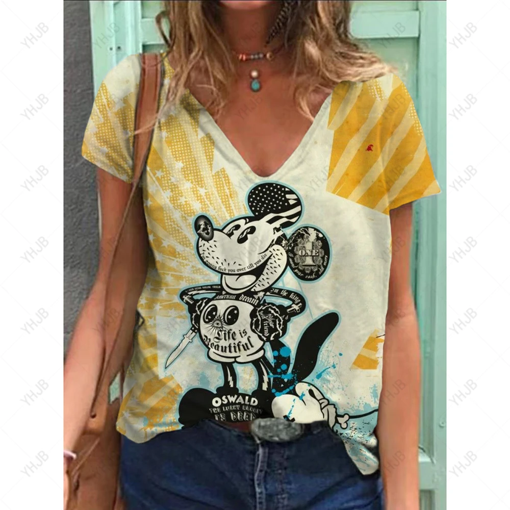 

isney Minnie Mickey Mouse Print T Shirt Women's Y2K T-shirts Woman V-neck Streetwear Tees Tops Female Oversized Harajuku Tee