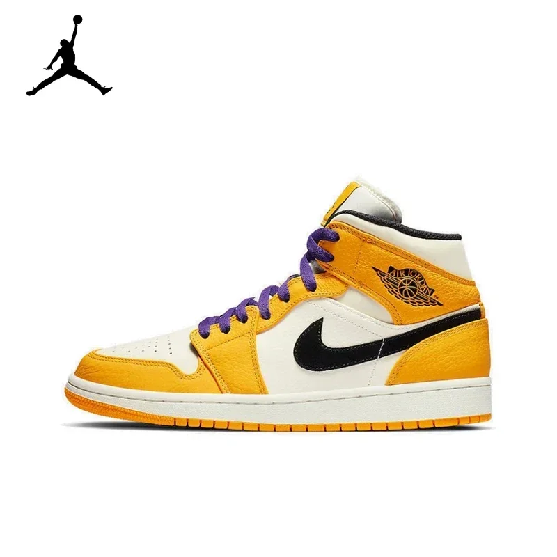 Оригинальные мужские баскетбольные кроссовки Air Jordan 1 Mid 'Lakers' желтого и