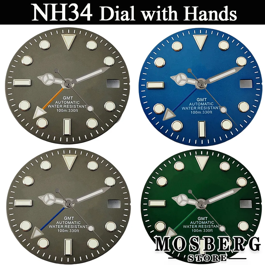 

Blue 29mm Sterile Watch Dial With Watch Hands Green Luminous Fit NH34 NH35 Automatic Movement Accessories Parts