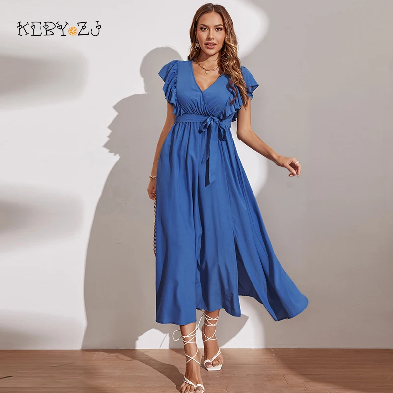 

KEBY ZJ Lady Summer Solid Color Human Cotton Party Midi Dress Casual V Neck Blue Long Elegant Dresses For Women