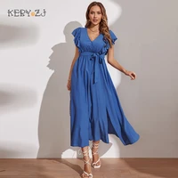 keby zj lady summer solid color human cotton party midi dress casual v neck blue long elegant dresses for women