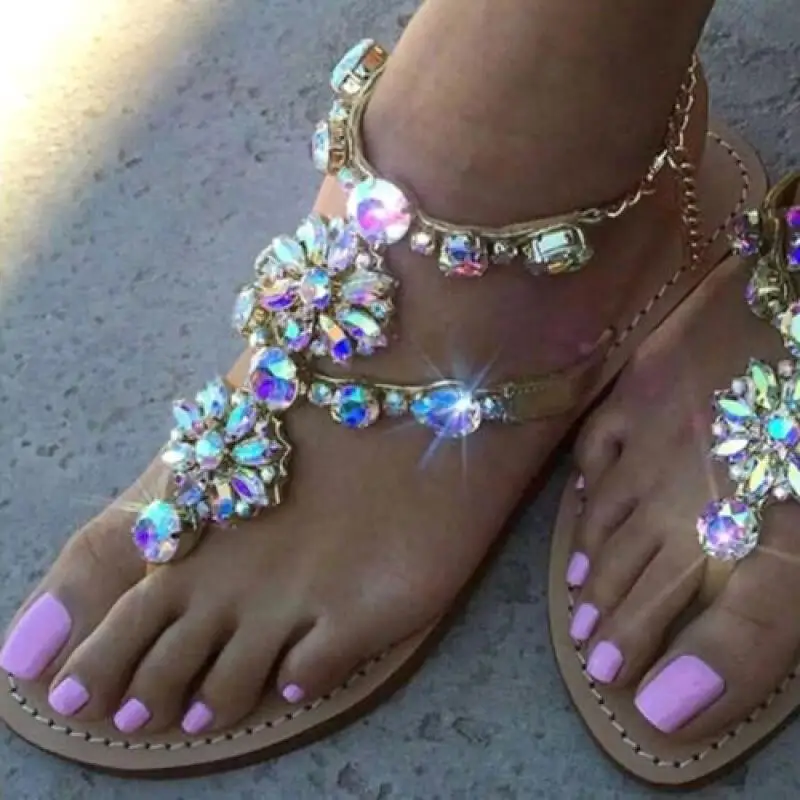 

Woman Sandals Fashion Shoes Rhinestones Chains Flat Sandals Crystal Plus Size 42