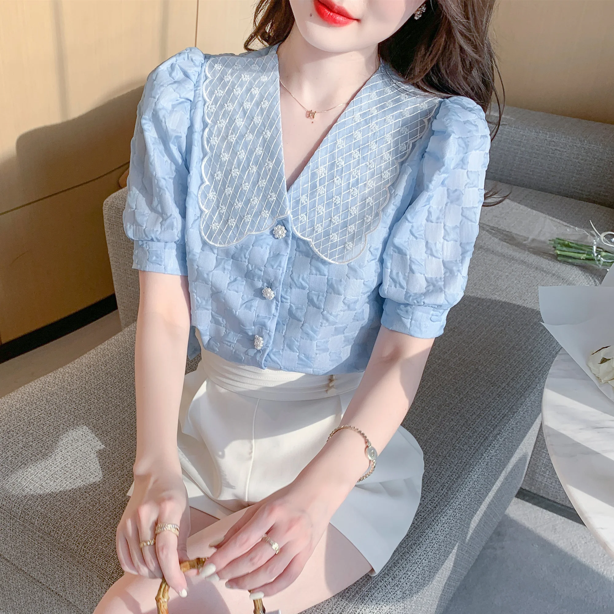 

Women Blouse 2022 Summer Doll Collar Chiffon Shirt Tops Short Sleeve Temperament Puff Sleeve Shirt Sweet Tops Female
