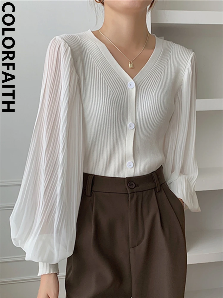 Colorfaith New 2022 Chic Patchwork Chiffon Puff Sleeve Korean Fashion Elegant Women Spring Summer Blouses Shirts Tops BL9056