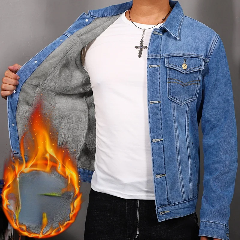 Мужская джинсовая куртка винтажная простая повседневная из 2021 плюша утепленная