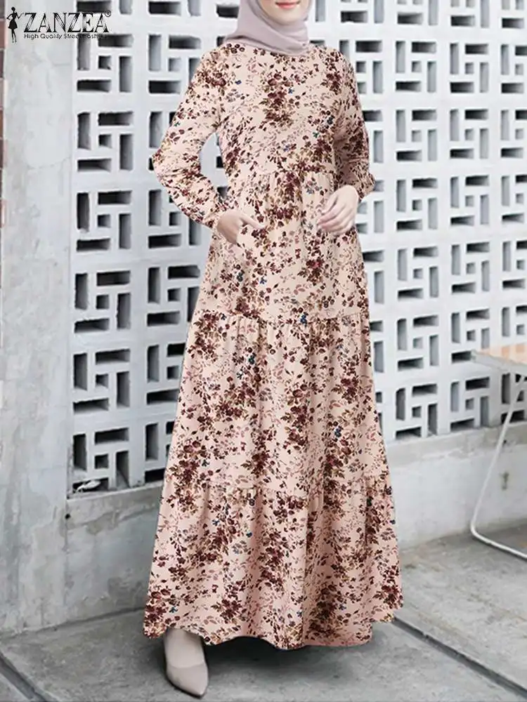 

ZANZEA Elegant Vintage Dress Bohemian Floral Printed Muslim Islamic Clothing Long Sleeve O-Neck Sundress Turkey Abaya Hijab Robe