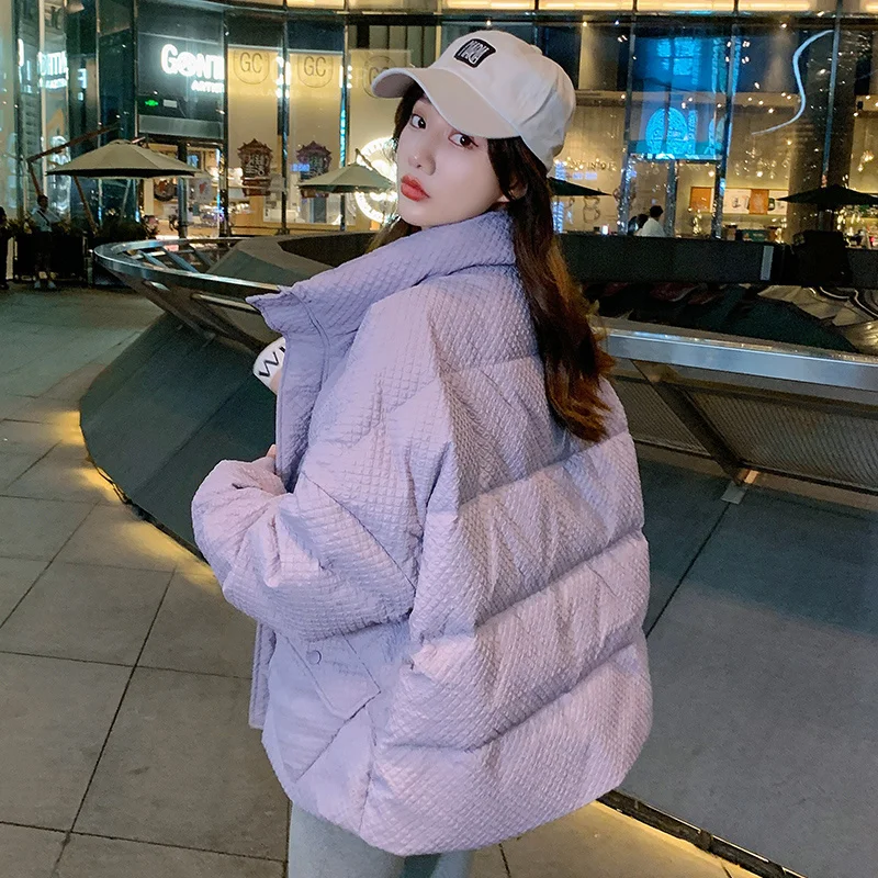 

Thickened Purple Bread Short Down Cotton Coat Korean Version Loose Autumn Winter Jackets Cotton Coats 2022 Woman New Feather