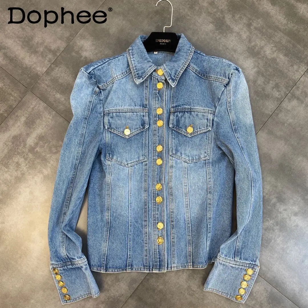 

2022 Spring Autumn New Polo Collar Gold Buttons Pocket Slimming Patchwork Denim Shirt Jacket Slim Long Sleeve Blouse Top Fashion